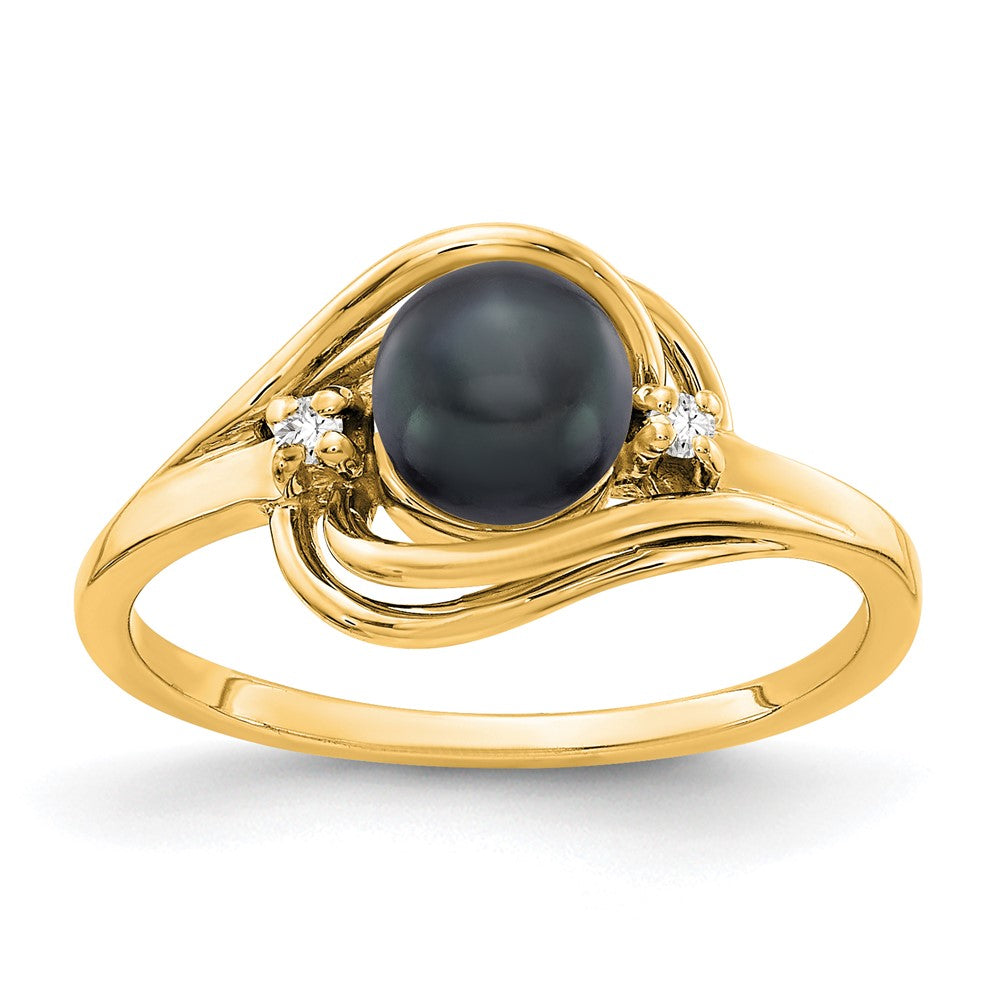 14k 5.5mm Black FW Cultured Pearl AAA Diamond ring