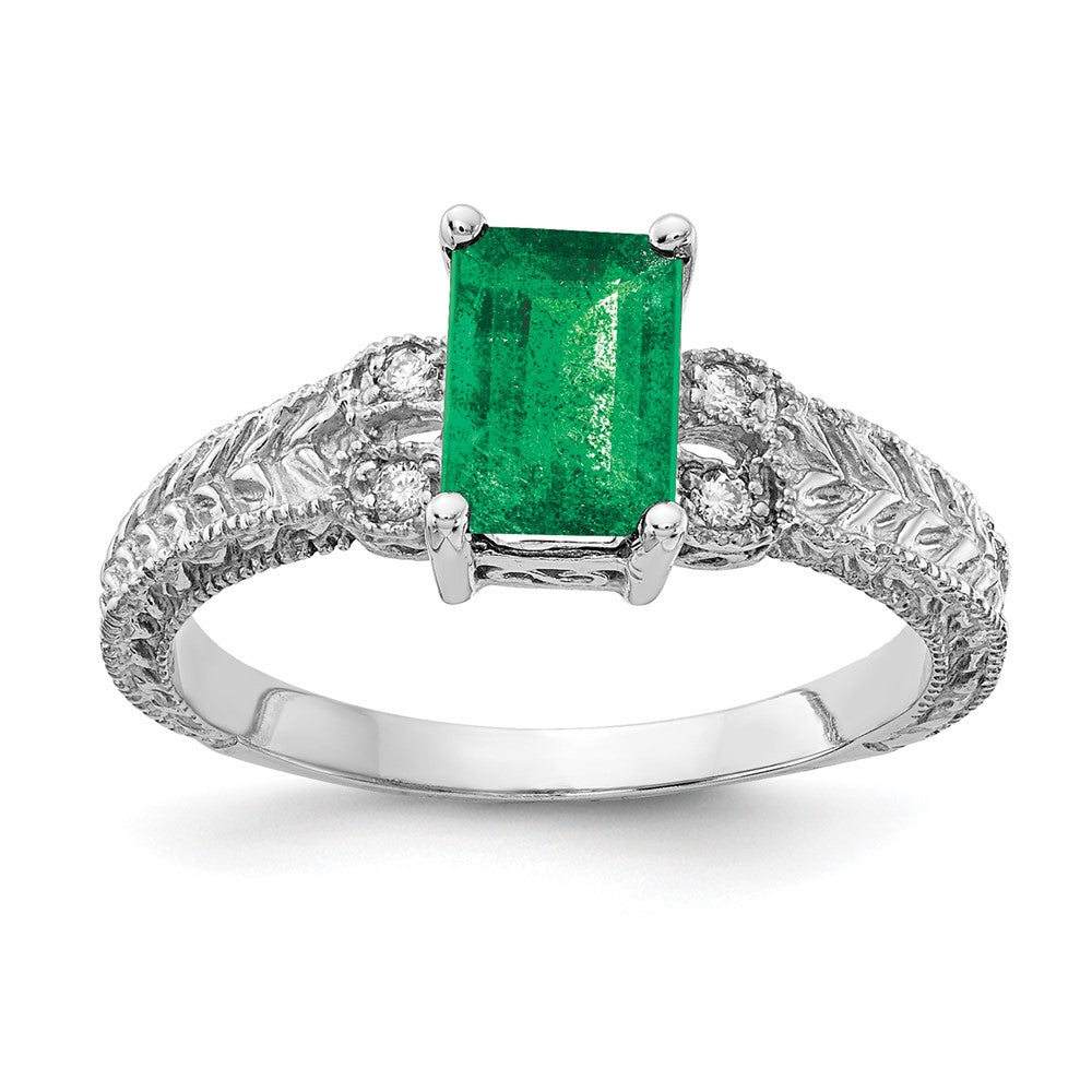 14k White Gold 7x5mm Emerald Cut Emerald A Diamond ring