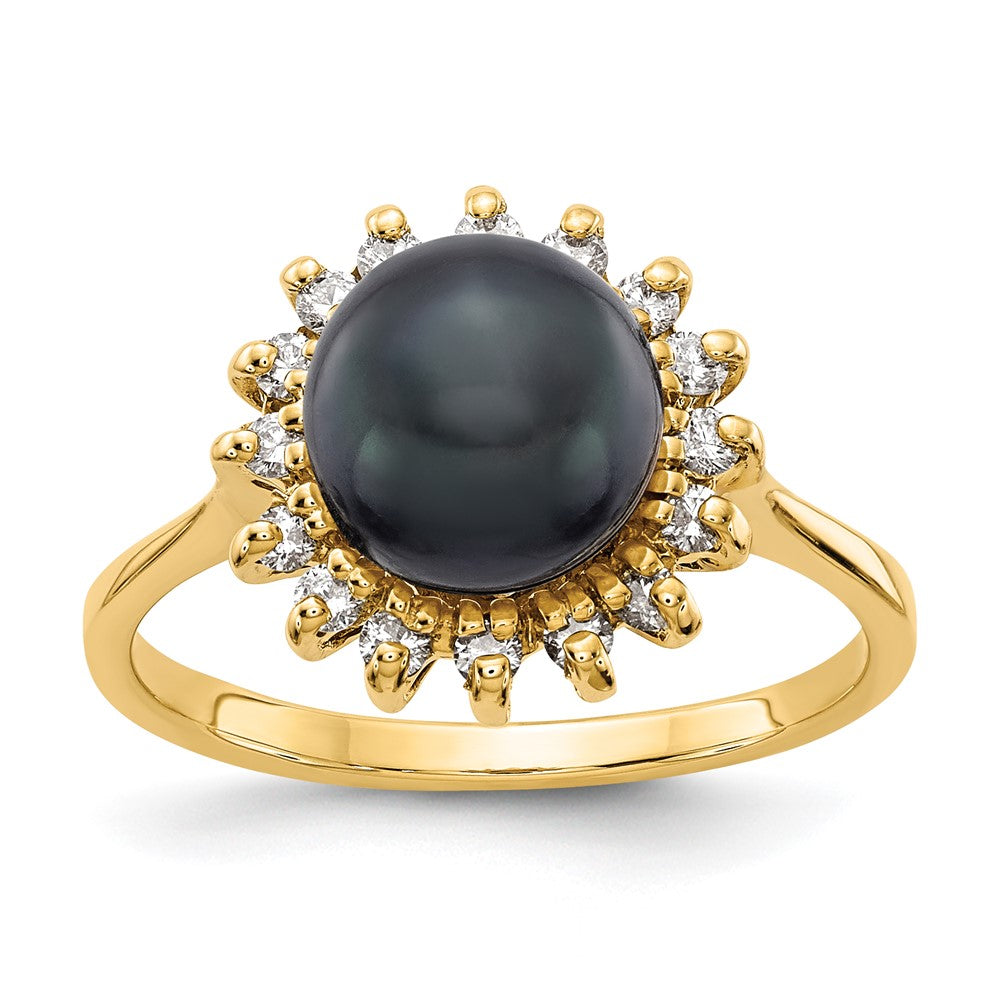 14k 7.5mm Black FW Cultured Pearl AAA Diamond ring