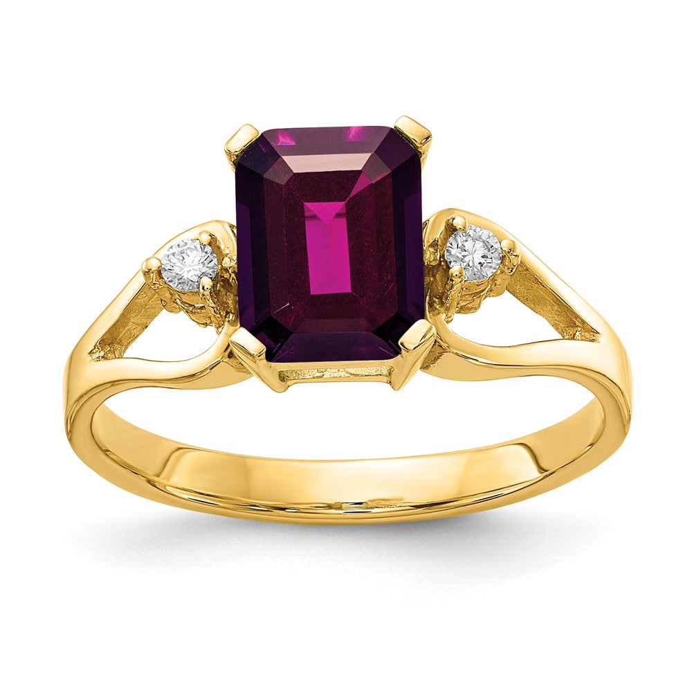 14k 8x6mm Emerald Cut Rhodolite Garnet AAA Diamond ring