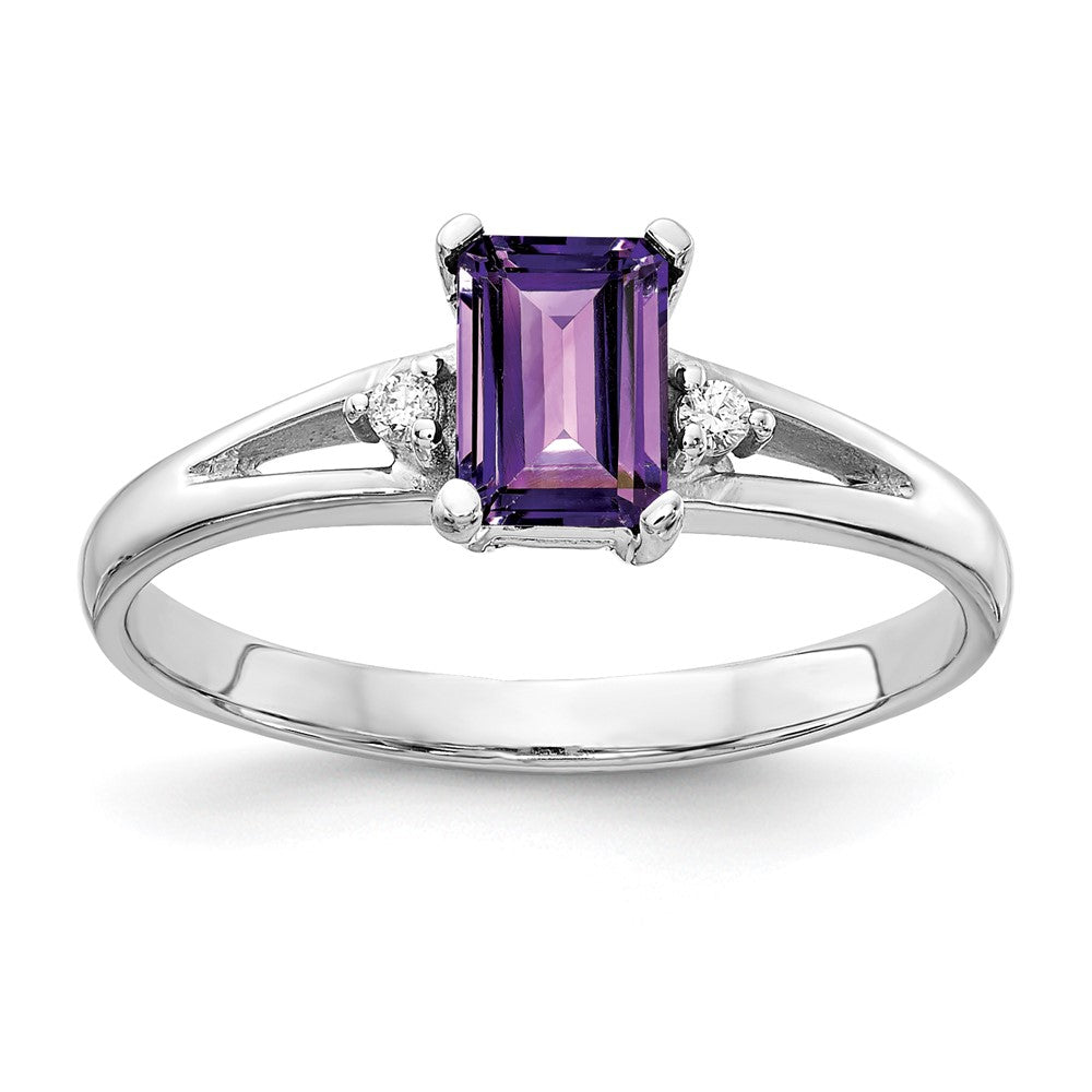 14k White Gold 6x4mm Emerald Cut Amethyst AA Diamond ring