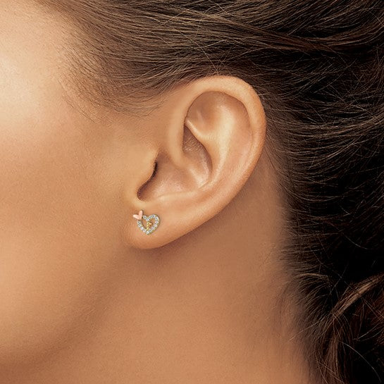 14k Two-tone CZ Heart with Butterfly Post Earrings