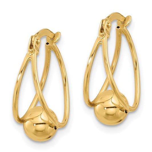 14K Polished Double Row with Ball Hoop Earrings