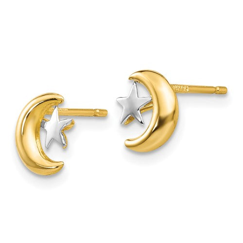 14k Polished and Rhodium Moon and Star Post Earrings