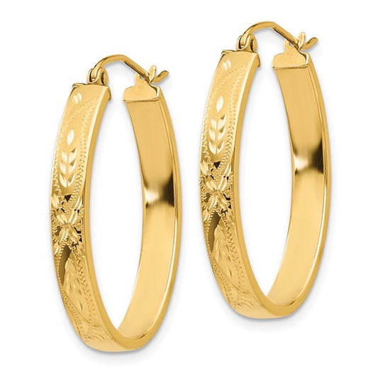 14k Satin and Diamond-Cut Oval Hoop Earrings