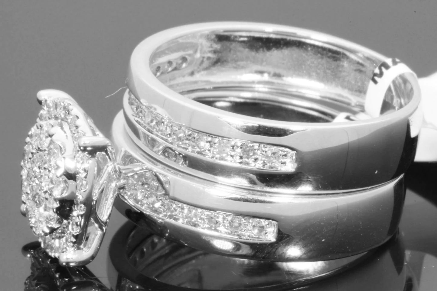 10K WHITE GOLD 1.25 CARAT MEN WOMEN DIAMOND TRIO ENGAGEMENT WEDDING RING BAND SET