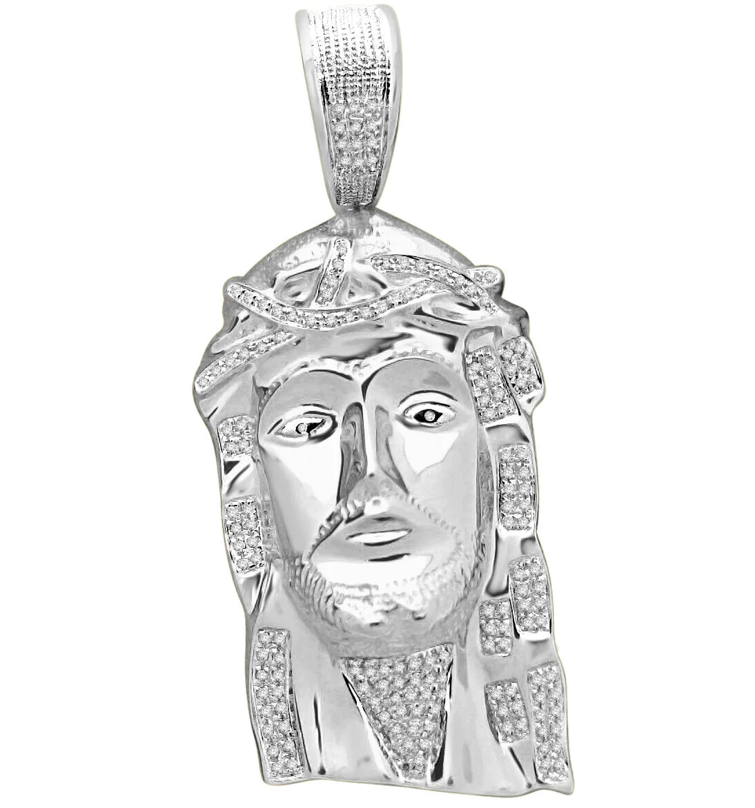 .65 CARAT 2.50 INCHES MEN STERLING SILVER REAL DIAMOND JESUS HEAD CROSS PENDANT CHARM