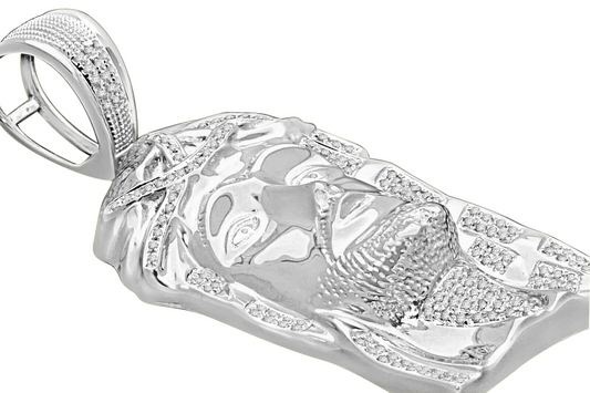 .65 CARAT 2.50 INCHES MEN STERLING SILVER REAL DIAMOND JESUS HEAD CROSS PENDANT CHARM