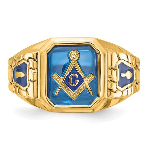 IBGoodman 10k Men's Polished and Textured with Blue Enamel and Lab Created Sapphire Blue Lodge Master Masonic Ring
