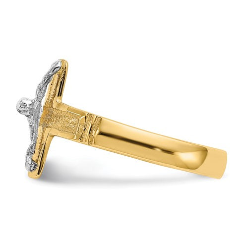14K Two-Tone Polished Diamond-Cut Mens Crucifix Ring
