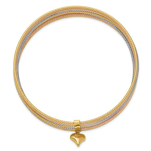 14K with Dangle Heart Tri-color Set of 7 Textured Slip-on Bangles
