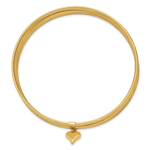 14K Oversized with Dangle Heart Set of 7 Slip-on Textured Bangles