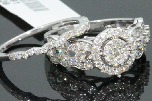 10K WHITE GOLD 1.50 CARAT WOMEN REAL DIAMOND ENGAGEMENT RING WEDDING BAND RING SET