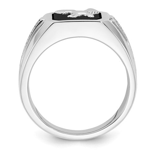 10K White Gold Polished Onyx and Diamond Eagle Mens' Ring