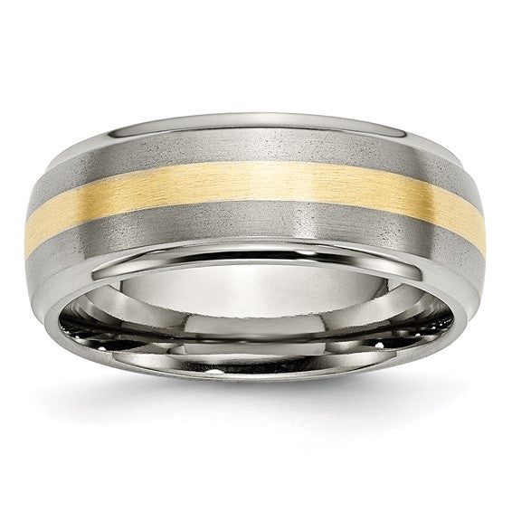 Chisel Titanium Brushed Center with 14k Gold Inlay 8mm Ridged Edge Band