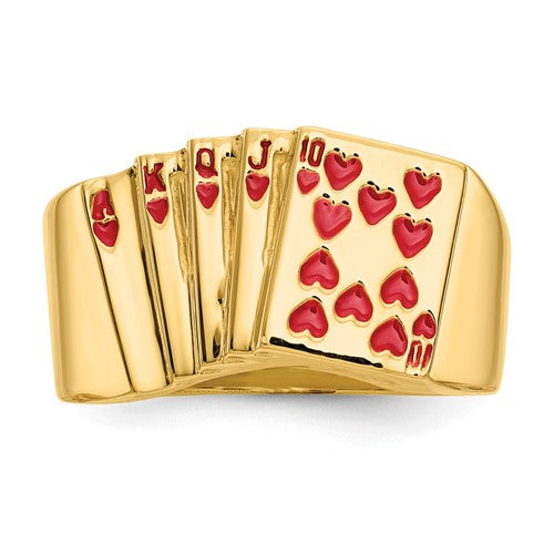14k Enameled Royal Flush in Hearts Mens Ring