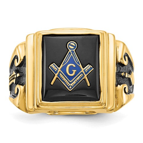 14k Men's Polished and Textured with Black Enamel and Onyx Masonic Ring