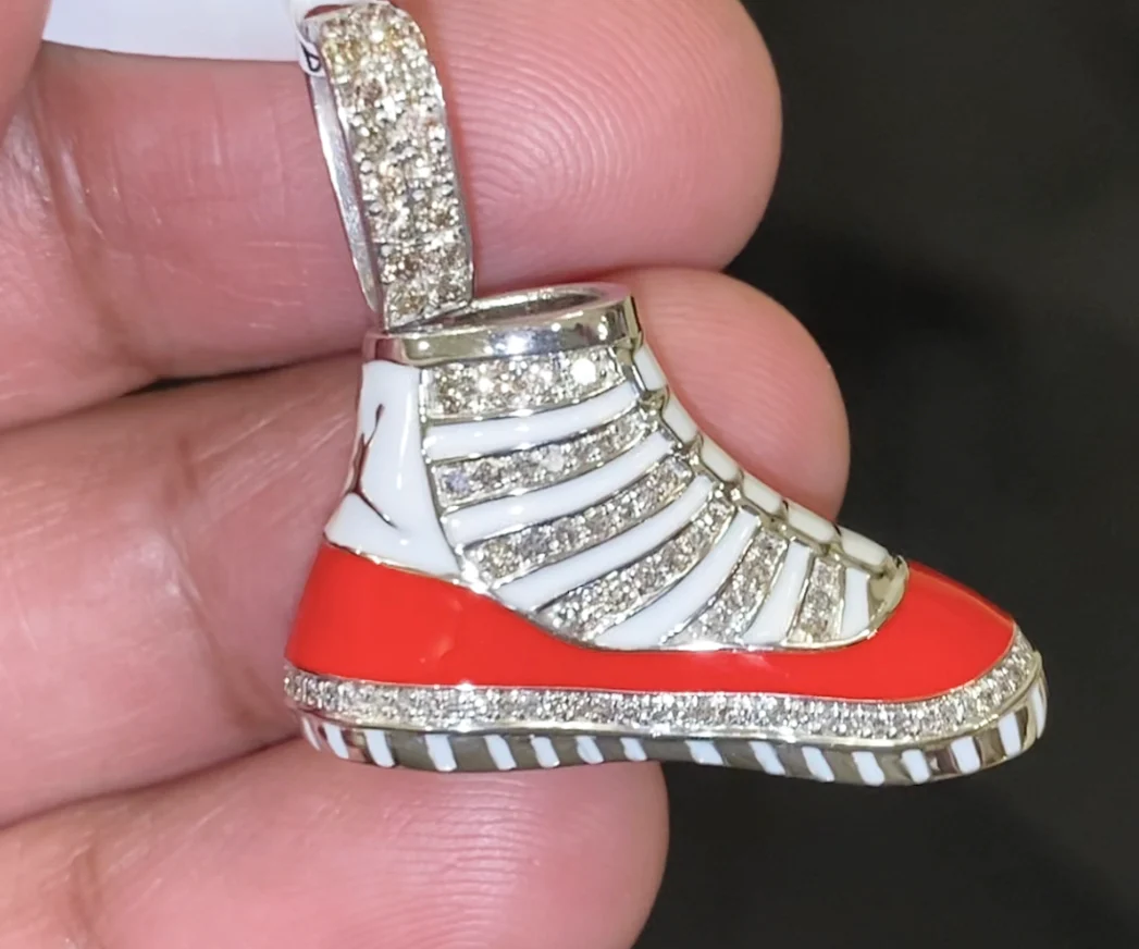 10K SOLID WHITE GOLD 1.25 CARAT REAL DIAMOND 1 INCH AIR JORDAN PENDANT CHARM