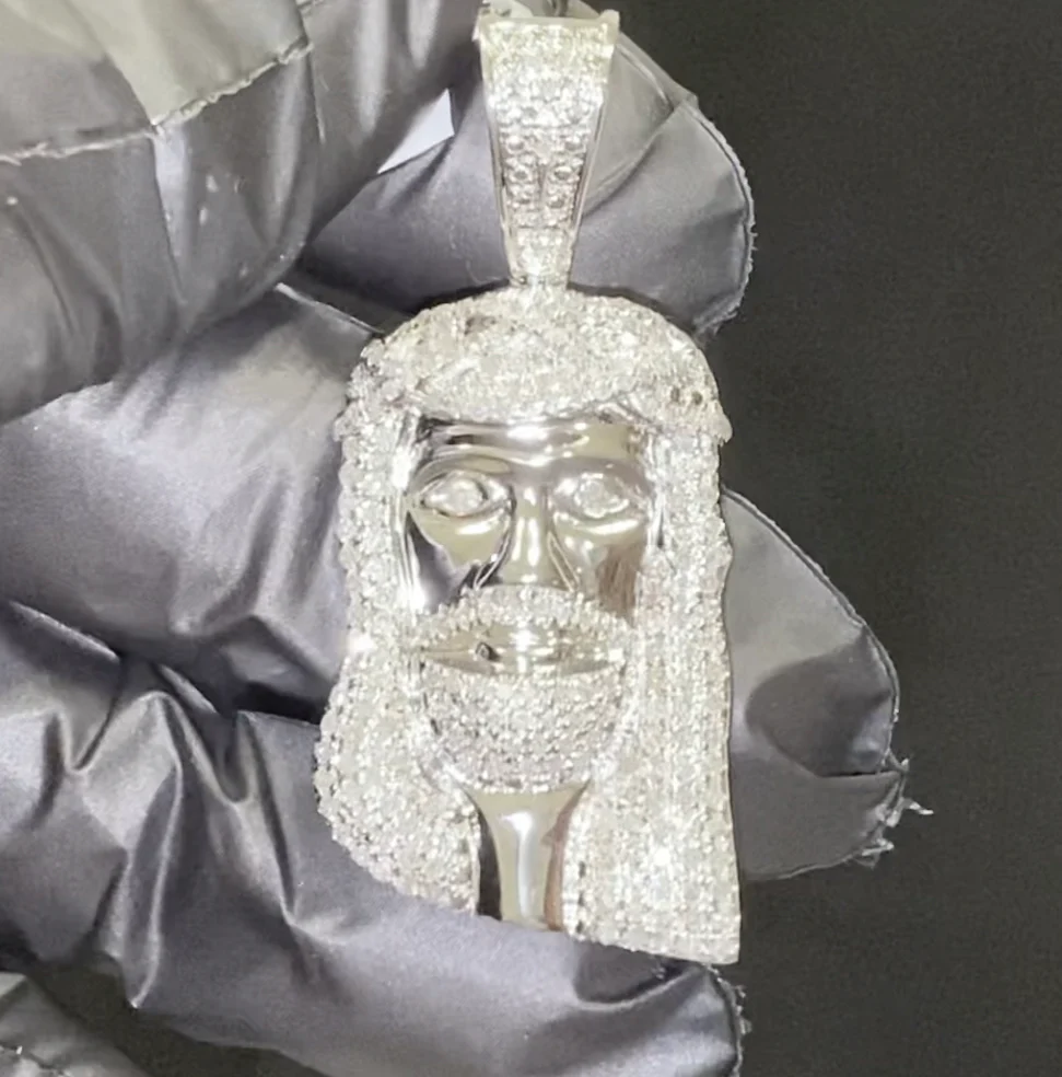 1.35 CARAT STERLING SILVER 1.75 INCHES DIAMOND JESUS FACE HEAD CROSS CHARM PENDANT