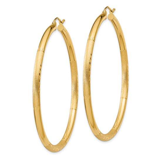 10k Satin and Diamond-cut 3mm Round Hoop Earrings