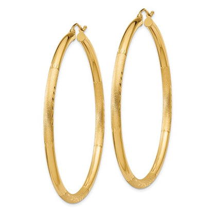 10k Satin and Diamond-cut 3mm Round Hoop Earrings