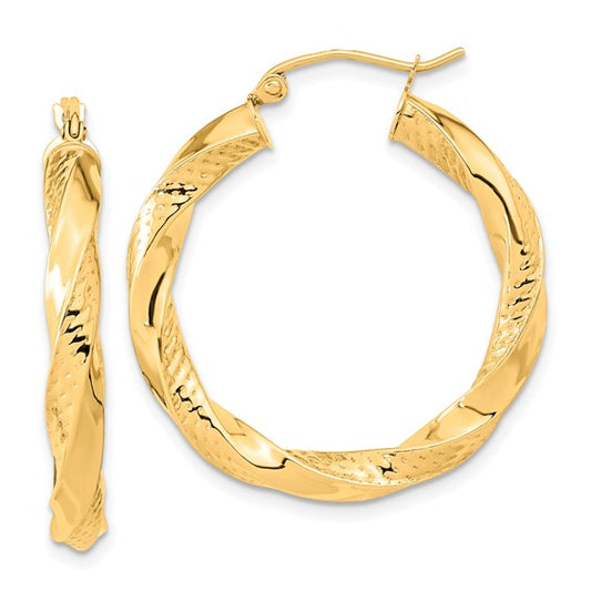 10k Polished and Textured Twist Hoop Earrings