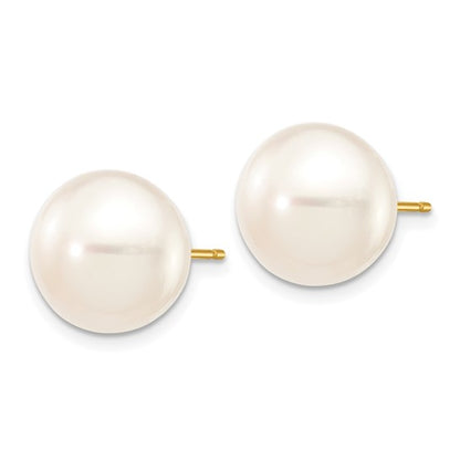 10k 11-12mm White Button Freshwater Cultured Pearl Stud Post Earrings