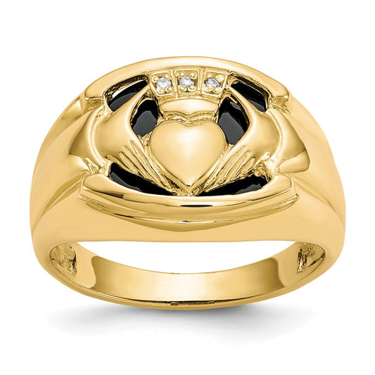 14k Men's Diamond and Black Onyx Claddagh Ring