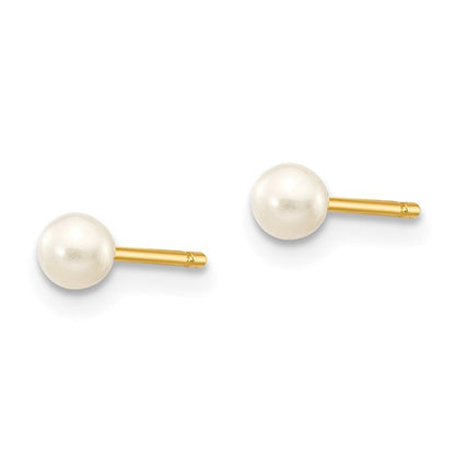 10k 3-4mm White Round Freshwater Cultured Pearl Stud Post Earrings