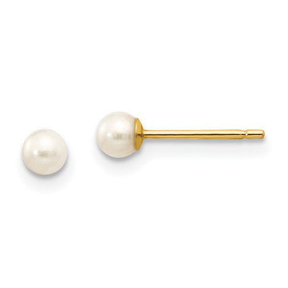 10k 3-4mm White Round Freshwater Cultured Pearl Stud Post Earrings
