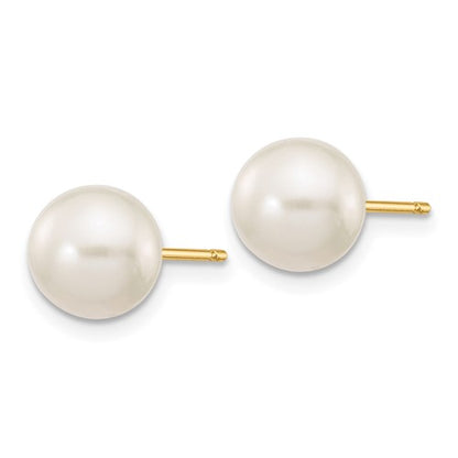 10k 7-8mm White Round Freshwater Cultured Pearl Stud Post Earrings