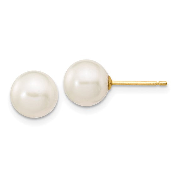 10k 7-8mm White Round Freshwater Cultured Pearl Stud Post Earrings