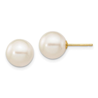 10k 9-10mm White Round Freshwater Cultured Pearl Stud Post Earrings
