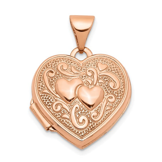10k Rose Gold Textured Double Heart Scroll Design 15mm Heart Locket