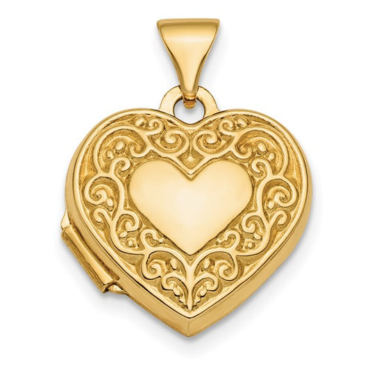 10k Polished Fancy Scroll Design Front and Back 15mm Heart Locket