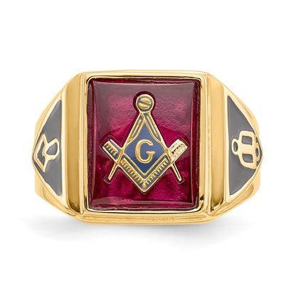 10k Men's Polished and Textured with Black Enamel and Lab Created Ruby Masonic Ring