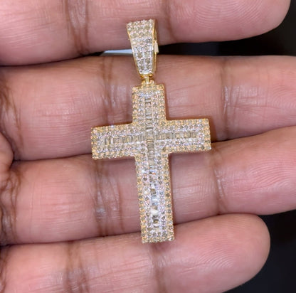 10K YELLOW GOLD 1.65 CARAT 1.75 INCHES REAL DIAMOND CROSS PENDANT CHARM