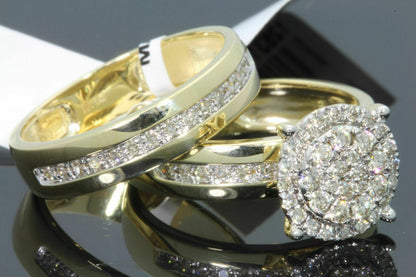 . 10K YELLOW GOLD 1.25 CARAT MEN WOMEN DIAMOND TRIO ENGAGEMENT WEDDING RING BAND SET