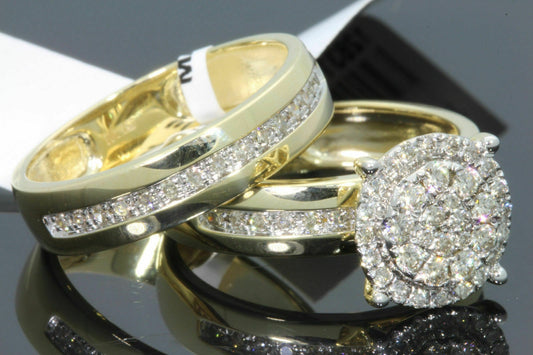 . 10K YELLOW GOLD 1.25 CARAT MEN WOMEN DIAMOND TRIO ENGAGEMENT WEDDING RING BAND SET
