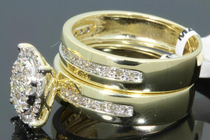 . 10K YELLOW GOLD 1.25 CARAT MEN WOMEN DIAMOND TRIO ENGAGEMENT WEDDING RING BAND SET