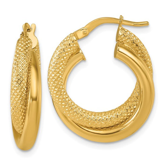 Herco 14K Polished and Textured Twisted Round Hoop Earrings