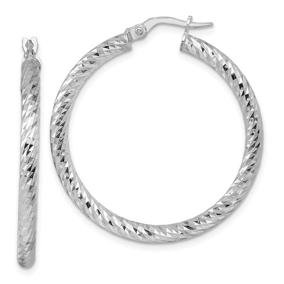 Herco 14K White Gold Polished and Diamond-cut Twisted Hoop Earrings