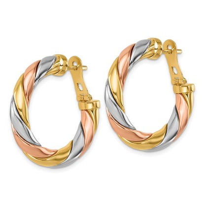 Herco 14K Tri-color Polished and Twisted Omega Hoop Earrings