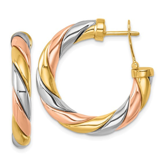 Herco 14K Tri-color Polished and Twisted Omega Hoop Earrings