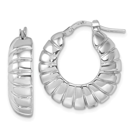 Herco 14K White Gold Polished and Grooved Round Hoop Earrings