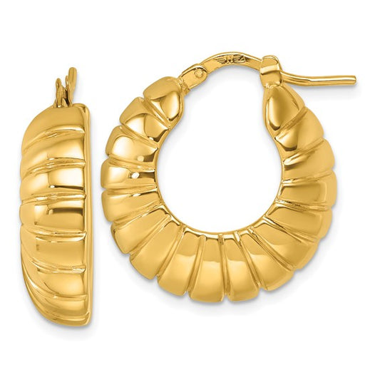 Herco 14K Polished and Grooved Round Hoop Earrings