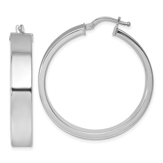 Herco 14K White Gold Polished 6.5x34mm Flat Round Tube Hoop Earrings