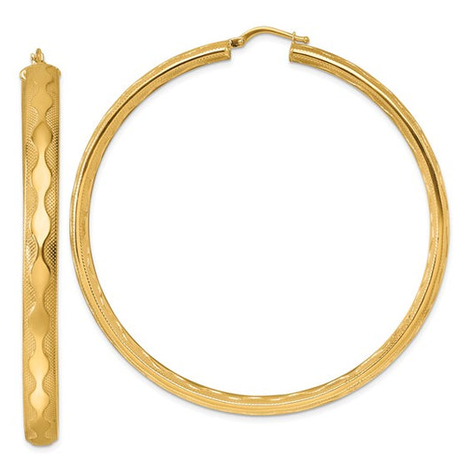 Herco 14K Polished / Textured Wavy 5.5x65mm Round Hoop Earrings