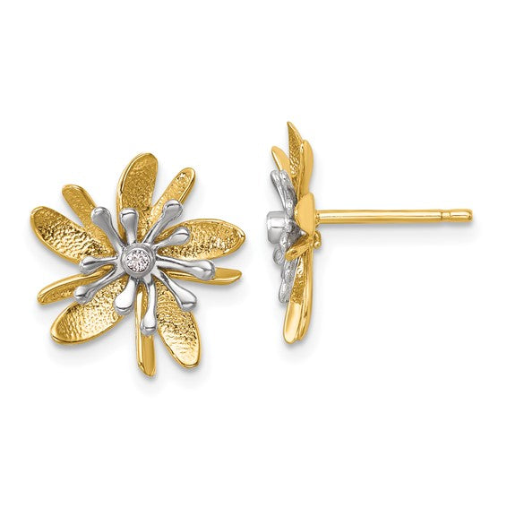 Herco 14K Two-Tone Polished and Textured Diamond Flower Post Earrings