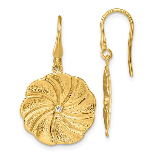 Herco 14K Textured Diamond Swirl Flower Shephard Hook Dangle Earrings